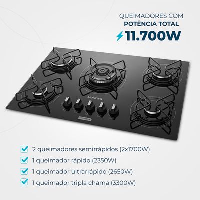Cooktop a Gás 5 Bocas Mondial Preto e Inox CTG-03 Bivolt