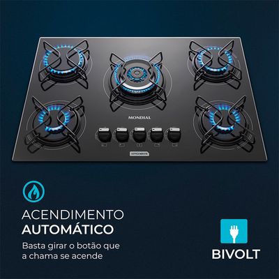 Cooktop a Gás 5 Bocas Mondial Preto e Inox CTG-03 Bivolt