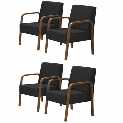 Kit 4 Poltronas 1 Lugar Jade Pé Madeira Suede Preto