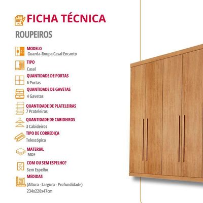 Guarda Roupa Casal Encanto 100% Mdf 6 Portas E 4 Gavetas Ruf Naturalle