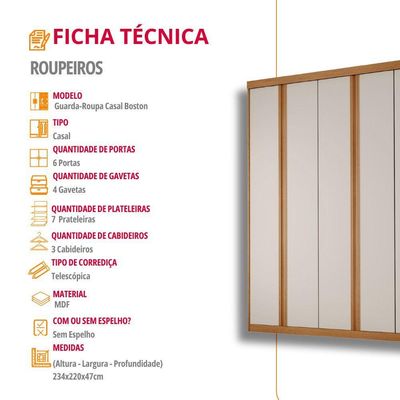 Guarda Roupa Casal Boston 6 Portas 4 Gavetas Moderna Naturalle/off White