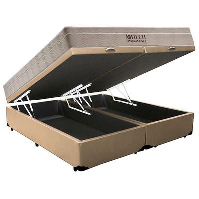 Cama Box Baú King Sintético Bipartido + Colchão Ortobom Airtech Molas Ensacadas 65x193x203 Cor:bege