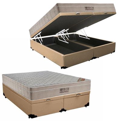 Cama Box Baú King Sintético Bipartido + Colchão Ortobom Airtech Molas Ensacadas 65x193x203 Cor:bege