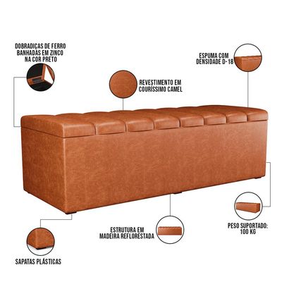 Calçadeira Recamier Baú Para Cama De Casal Dália 140x50 Cm W01 Couríssimo Camel - Lyam Decor