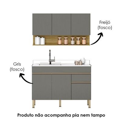 Balcão Para Pia E Armário Aéreo 120 Cm Line Ktp Gris Cp Freijo