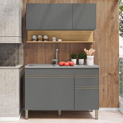 Balcão Para Pia E Armário Aéreo 120 Cm Line Ktp Gris Cp Freijo