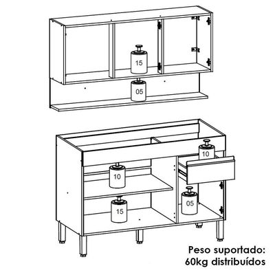 Balcão Para Pia E Armário Aéreo 120 Cm Line Ktp Gris Cp Freijo
