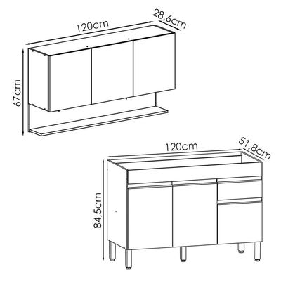 Balcão Para Pia E Armário Aéreo 120 Cm Line Ktp Gris Cp Freijo