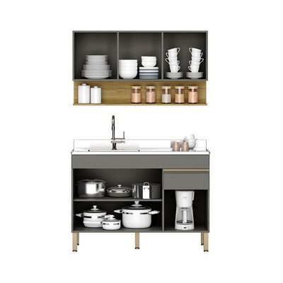 Balcão Para Pia E Armário Aéreo 120 Cm Line Ktp Gris Cp Freijo