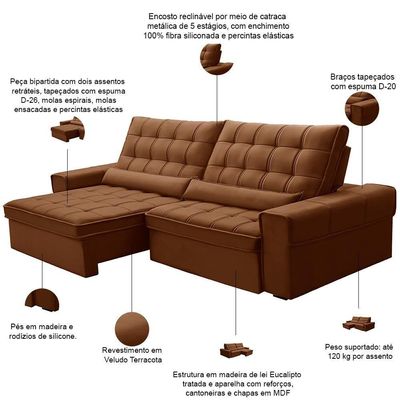 Sofá Retrátil Reclinável Para Sala 4 Lugares 290cm Nebrasca F04 Veludo Terracota - Lyam Decor