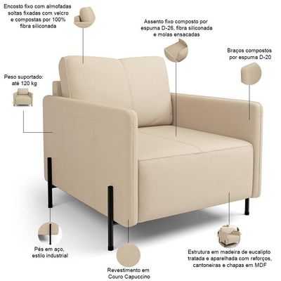 Kit 2 Poltronas Decorativa Para Sala Living Pés Industrial Domani L06 Couro Nude - Lyam Decor