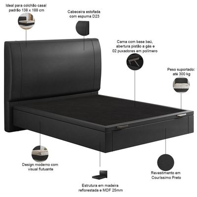Cama Casal Baú Flutuante Com Cabeceira 140cm Spazio S04 Couríssimo Preto - Lyam Decor