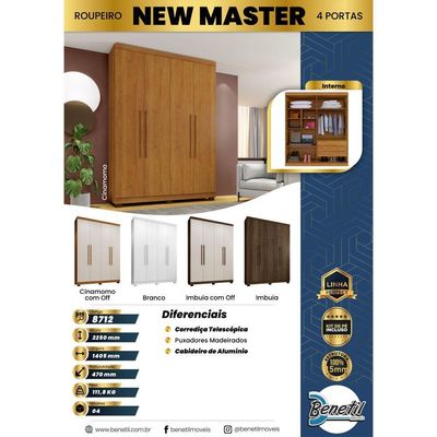 Guarda Roupa New Master 4 Portas 3 Gavetas 8 Prateleiras Cinamomo