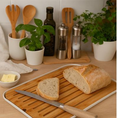 Tábua Migalheira Bege Base Bambu 33x23cm Porta Pão Bolo Salgados Lume Ou