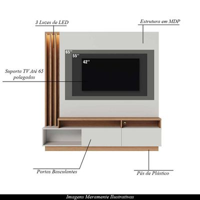 Estante Home Sala de Estar 180cm Filipina Led Off White/Freijó G73 - Gran Belo