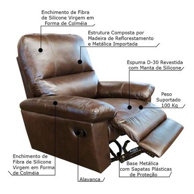 Poltrona Reclinável Giratória Glider Couro Marrom