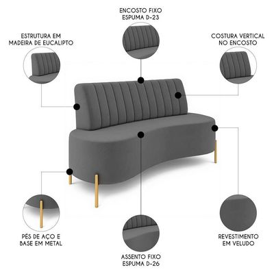 Sofá 2 Lugares 160cm Pés Aço Dourado Tamar Veludo Grafite Z08 - Mpozenato