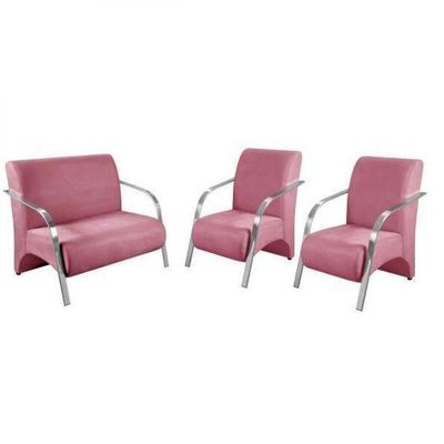 Kit 3 Peças Poltrona Braço Alumínio Suede Rosa