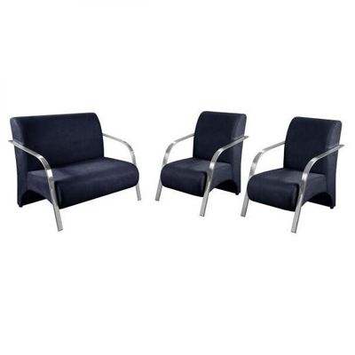 Kit 3 Peças Poltrona Braço Alumínio Suede Azul Marinho