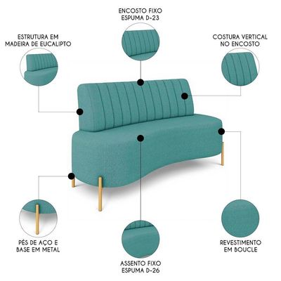 Sofá 2 Lugares 135cm Pés Aço Dourado Tamar Boucle Azul Z08 - Mpozenato