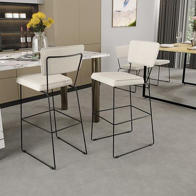 Kit 05 Banquetas Alta Cozinha Sala De Jantar Base Aço Fixa Allana L02 Linho Champagne - Lyam Decor