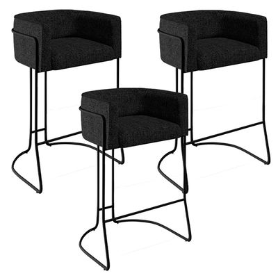 Kit 03 Banquetas Decorativas Fixa Base de Aço Preto Betina D02 Linho Chumbo D-465 - Lyam Decor