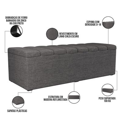 Kit Cabeceira Cama Box Casal Queen 160cm Calçadeira Baú Dália W01 Linho Cinza Escuro - Lyam Decor