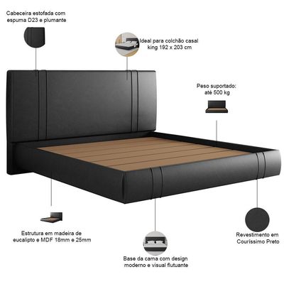 Cama King Flutuante Com Cabeceira 195cm Astra S04 Couríssimo Preto - Lyam Decor