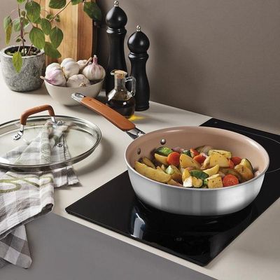Frigideira Tramontina Funda Com Tampa Romagna Aço Inox E Alumínio Com Revestimento Cerâmico Marfim 24cm