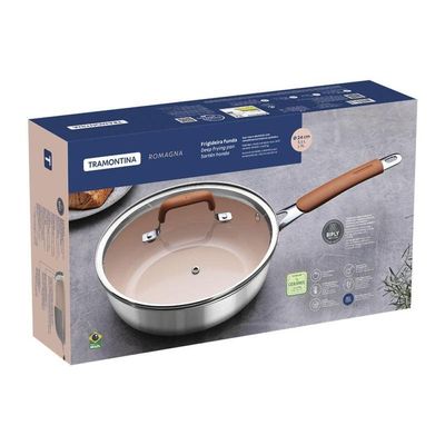 Frigideira Tramontina Funda Com Tampa Romagna Aço Inox E Alumínio Com Revestimento Cerâmico Marfim 24cm