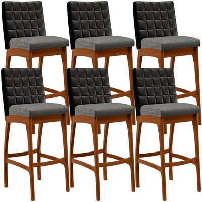 Kit 06 Banquetas Altas Sala De Jantar Fixa Mila B04 Couríssimo Preto Linho Cinza Escuro - Lyam Decor
