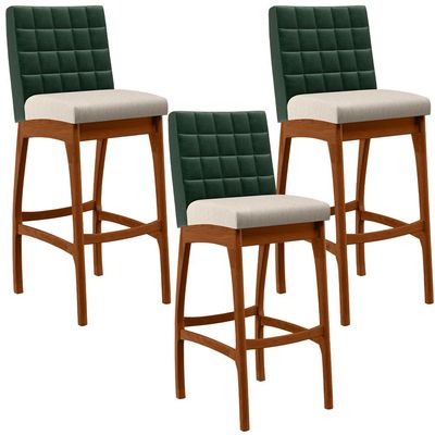 Kit 03 Banquetas Altas Cozinha Sala De Jantar Fixa Mila B04 Facto Verde Musgo Linho Cru - Lyam Decor