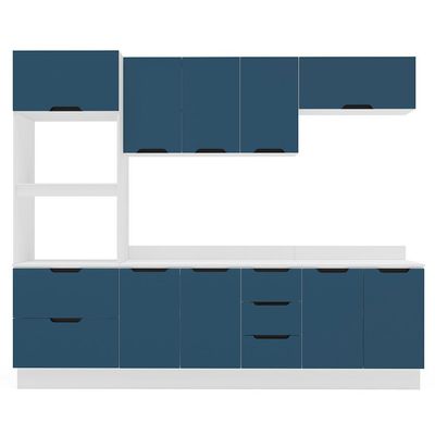 Cozinha Completa com Tampo e Rodapé Meena 10 Portas 4 Gavetas Azul e Branca