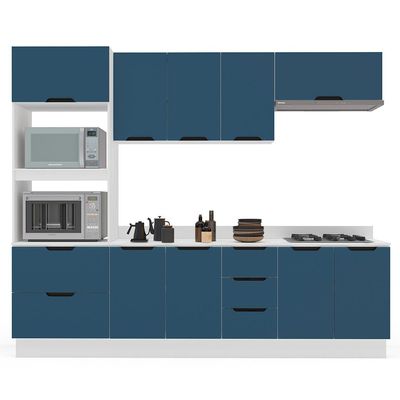 Cozinha Completa com Tampo e Rodapé Meena 10 Portas 4 Gavetas Azul e Branca