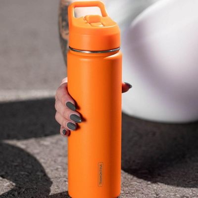 Garrafa Térmica com Canudo 650ml Tramontina Laranja Squeeze Aço Portátil
