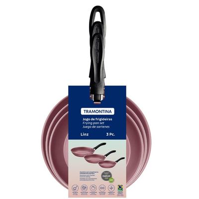 Jogo Frigideiras Antiaderente Tramontina Não Gruda Alumínio Rosa 3 Peças Linz