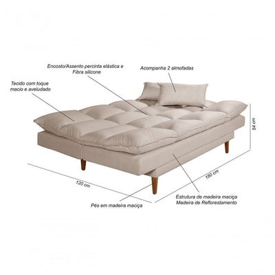 Sofá Cama Andorra 3 Lugares Império Reclinável Casal Pés Madeira Suede Areia 376