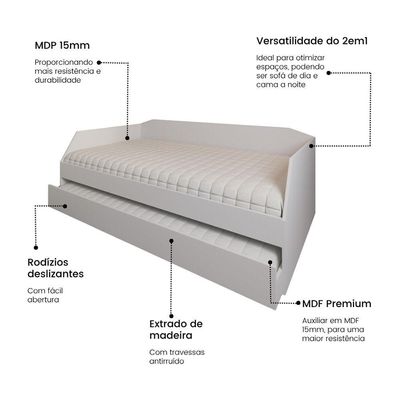 Sofá Cama Solteiro Duo Com Cama Auxiliar Em Mdf Reforçado 15mm Branco