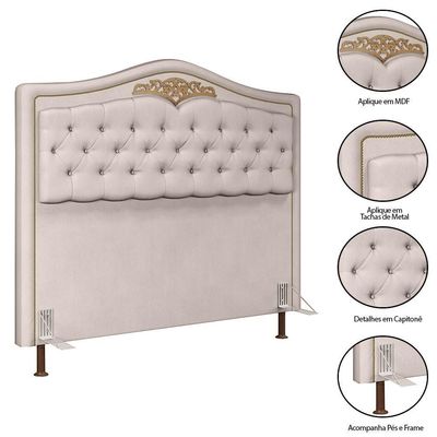 Cabeceira Cama Casal King 195cm Com Tachas Imperial Veludo J02 Bege - Mpozenato