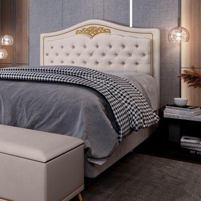 Cabeceira Cama Casal King 195cm Com Tachas Imperial Veludo J02 Bege - Mpozenato