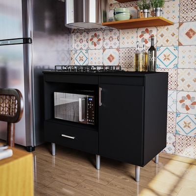 Balcão Para Cooktop 1,05m 4 Bocas 1 Nicho Com 1 Porta E Gaveta Turim Preto