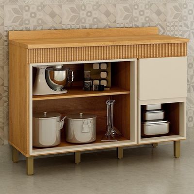 Balcão De Cozinha Madeira 3 Portas E 2 Gavetas Dakota Valdemóveis Cinamomo E Off White