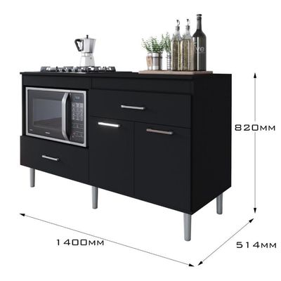 Balcão Para Cooktop 1,40m 5 Bocas 2 Portas Turim Preto Preto