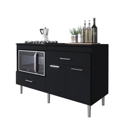 Balcão Para Cooktop 1,40m 5 Bocas 2 Portas Turim Preto Preto