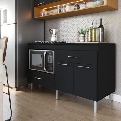 Balcão Para Cooktop 1,40m 5 Bocas 2 Portas Turim Preto Preto