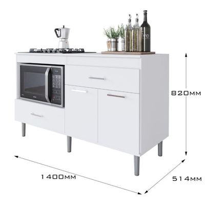 Balcão Para Cooktop 1,40m 5 Bocas 2 Portas Turim Branco Branco