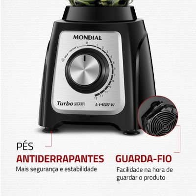 Liquidificador Turbo Glass Jarra de Vidro Mondial Preto e Inox 1400W L-1400 GI 220