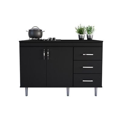 Balcão Em Mdp Para Cooktop 1,20m 5 Bocas 2 Portas E 3 Gavetas Turim Preto Preto
