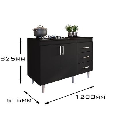 Balcão Em Mdp Para Cooktop 1,20m 5 Bocas 2 Portas E 3 Gavetas Turim Preto Preto