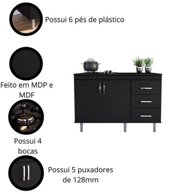 Balcão Em Mdp Para Cooktop 1,20m 5 Bocas 2 Portas E 3 Gavetas Turim Preto Preto